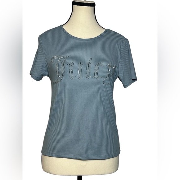 Juicy Couture Women’s size medium short sleeve ribbed top blue rhinestone juicy - Picture 1 of 7